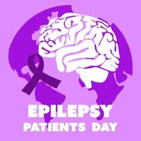 International Epilepsy Day banner for March 26. The brain is a flat silhouette in white colors against the background of the earth with a ribbon on shades of purple. Brain problems, illness. Square vector