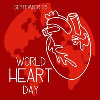 illustration on the theme of World Heart Day, which is celebrated every year on September 29 all over the world. A flat illustration like a banner with text. Square. Red and shades. Contour vector
