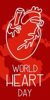 illustration on the theme of World Heart Day, which is celebrated every year on September 29 all over the world. A flat illustration like a banner with text. Vertical. Red and shades. Contour vector