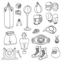 Collection of sports equipment, hand-drawn by doodle. A large set of sketched objects. Black and white illustrations for boxing, sports badges. Decorative elements of the box. background design vector
