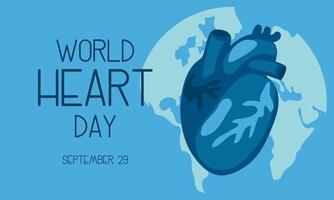 illustration on the theme of World Heart Day, which is celebrated every year on September 29 all over the world. A flat illustration like a banner with text. Horizontal. Blue and shades vector