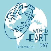 illustration on the theme of World Heart Day, which is celebrated every year on September 29 all over the world. A flat illustration like a banner with text. Square. Blue and shades. Contour vector