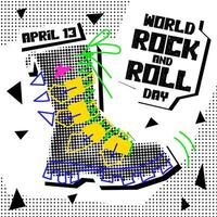 World Rock and Roll Day. Rocker collage grunge style. The holiday is on April 13th. A leather boot with doodle illustrations in the style of pop art to the point. Banner for the holiday on white vector