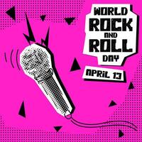 World Rock and Roll Day. Rocker collage grunge style. Holiday is on April 13th. Microphone with a wire with doodle illustrations in the style of pop art to the point. Banner for the holiday on pink vector