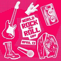 World Rock and Roll Day. Rocker collage grunge style. The holiday is on April 13th. A set of objects with music in the style of pop art to the point. The banner for the holiday is pink and white vector