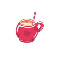 red isolated simple flat cup with flowers of coffee and straw on the white background. digital flat art vector