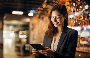 A modern woman seamlessly conducts her business affairs using a smart tablet, navigating the realm of social media to enhance her online presence and manage entrepreneurial tasks with photo