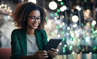 A modern woman seamlessly conducts her business affairs using a smart tablet, navigating the realm of social media to enhance her online presence and manage entrepreneurial tasks with photo