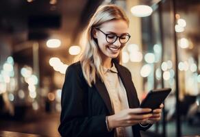 A modern woman seamlessly conducts her business affairs using a smart tablet, navigating the realm of social media to enhance her online presence and manage entrepreneurial tasks with photo