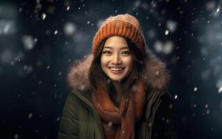 A beautiful Chinese woman exudes elegance as she poses for a portrait, donning a stylish jacket, capturing the serene charm of a snowy day with cultural grace photo