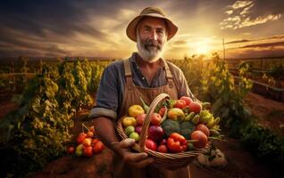 In the hands of seasoned farmers, a diverse array of freshly harvested vegetables fills the rustic charm of their countryside basket photo
