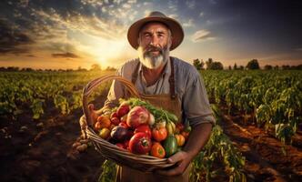 In the hands of seasoned farmers, a diverse array of freshly harvested vegetables fills the rustic charm of their countryside basket photo