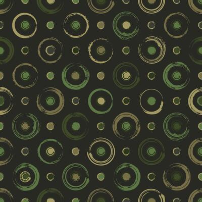 Khaki green camouflage polka dot seamless pattern with circular shapes. Smudged paint, grunge paint brush strokes. Fashionable geometric background for fabric, textile.