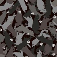 Seamless gray camouflage pattern with silhouettes of jumping, playing, sitting cats, paw print. Flat style vector