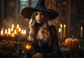 In the daylight of Halloween, a captivating girl dons a bewitching costume, casting a spell of allure and enchantment photo
