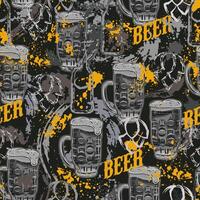 Gray grunge camouflage pattern with beer glass, abstract paint splatter, smudges, brushstrokes, blots. Outline silhouette of bottles, hop cones. Random composition. vector