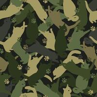 Seamless khaki green camouflage pattern with silhouettes of jumping, playing, sitting cats, paw print. Flat style vector