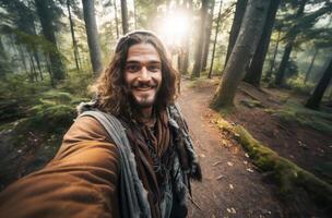 Capturing the essence of his woodland adventure, a hiker snaps a selfie amidst the lush forest trails, blending nature and self-expression seamlessly.Generated image photo