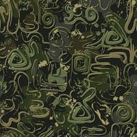 Seamless khaki green camouflage pattern with abstract wavy shapes, swirls, twirls, paint brush strokes, blots, spattered paint. Dense random composition. Grunge texture vector