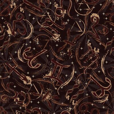 Brown camouflage grunge pattern with icons of horoscope, zodiac signs, stars, smudge, splattered paint. Esoteric mystic concept. For prints, clothing, t shirt, surface design