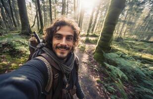 Capturing the essence of his woodland adventure, a hiker snaps a selfie amidst the lush forest trails, blending nature and self-expression seamlessly.Generated image photo
