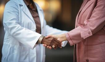 Doctor's reassuring handshake with the patient, embodying trust, warmth, and compassionate healthcare.Generated image photo