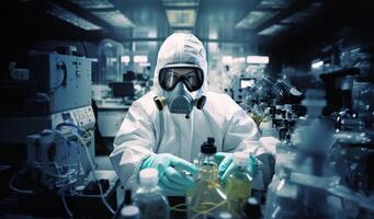 Mysterious doctor in a suit examines hazardous materials using a microscope in a professional office setting. photo