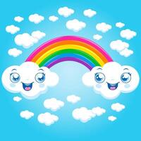 Cartoon cloud characters and a pretty rainbow in the sky. Blue sky background, white clouds and colorful rainbow. vector