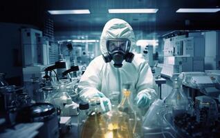 Mysterious doctor in a suit examines hazardous materials using a microscope in a professional office setting. photo