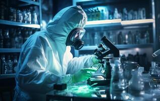 Mysterious doctor in a suit examines hazardous materials using a microscope in a professional office setting. photo