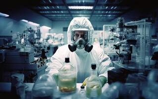 Mysterious doctor in a suit examines hazardous materials using a microscope in a professional office setting. photo