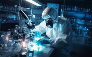 Mysterious doctor in a suit examines hazardous materials using a microscope in a professional office setting. photo