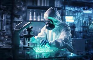 Mysterious doctor in a suit examines hazardous materials using a microscope in a professional office setting. photo