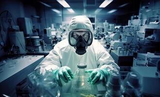 Mysterious doctor in a suit examines hazardous materials using a microscope in a professional office setting. photo