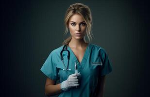 A modern and elegant doctor, exuding confidence and expertise, holds an injection in her hands against a dark backdrop, capturing the essence of contemporary healthcare professionalism photo