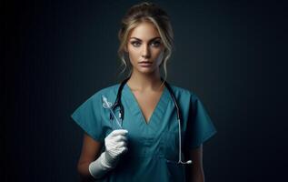 A modern and elegant doctor, exuding confidence and expertise, holds an injection in her hands against a dark backdrop, capturing the essence of contemporary healthcare professionalism photo