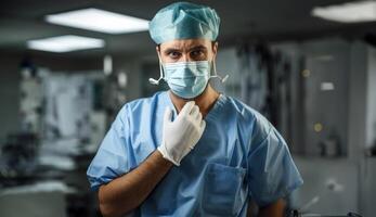 In a medical setting, a doctor in a mask conveys professionalism, encapsulating the essence of healthcare in a pandemic era. photo