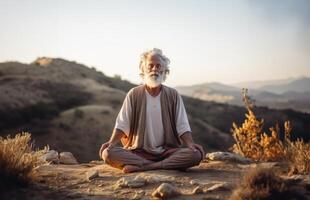 Bearded elderly man meditates in the serene embrace of nature, cultivating tranquility and mindfulness photo