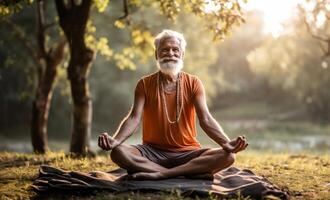 Bearded elderly man meditates in the serene embrace of nature, cultivating tranquility and mindfulness photo