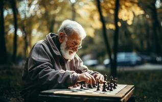 An elderly man engages in a game of chess, contemplating each move thoughtfully, surrounded by the tranquility of the outdoors, blending intellectual pursuit with the beauty of nature photo