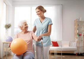 A medical professional engages in therapeutic exercises with an elderly woman in a wheelchair, utilizing a ball and various aids, exemplifying compassionate care and rehabilitation photo