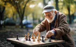 An elderly man engages in a game of chess, contemplating each move thoughtfully, surrounded by the tranquility of the outdoors, blending intellectual pursuit with the beauty of nature photo
