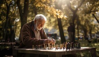An elderly man engages in a game of chess, contemplating each move thoughtfully, surrounded by the tranquility of the outdoors, blending intellectual pursuit with the beauty of nature photo