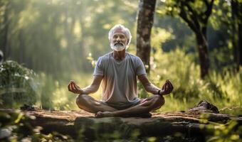 Bearded elderly man meditates in the serene embrace of nature, cultivating tranquility and mindfulness photo
