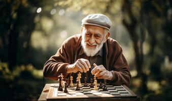 An elderly man engages in a game of chess, contemplating each move thoughtfully, surrounded by the tranquility of the outdoors, blending intellectual pursuit with the beauty of nature photo