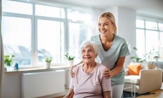 A medical professional engages in therapeutic exercises with an elderly woman in a wheelchair, utilizing a ball and various aids, exemplifying compassionate care and rehabilitation photo