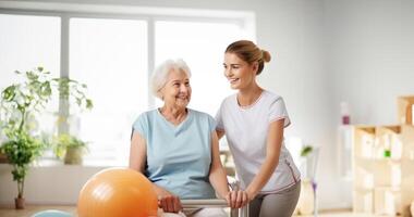 A medical professional engages in therapeutic exercises with an elderly woman in a wheelchair, utilizing a ball and various aids, exemplifying compassionate care and rehabilitation photo