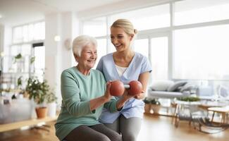 A medical professional engages in therapeutic exercises with an elderly woman in a wheelchair, utilizing a ball and various aids, exemplifying compassionate care and rehabilitation photo