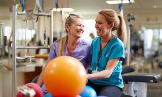 A medical professional engages in therapeutic exercises with an elderly woman in a wheelchair, utilizing a ball and various aids, exemplifying compassionate care and rehabilitation photo