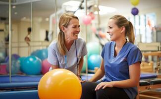 A medical professional engages in therapeutic exercises with an elderly woman in a wheelchair, utilizing a ball and various aids, exemplifying compassionate care and rehabilitation photo